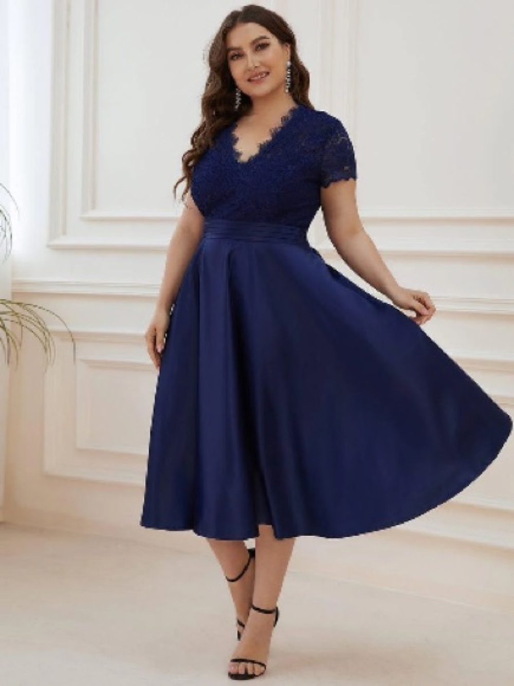 Ever-Pretty Navy Blue Lace V-Neck Midi A-Line Formal Dress - Size 2XL NWT